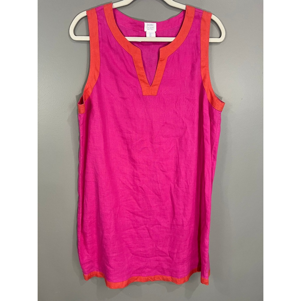 Sigrid Olsen Tunic Top Womens Large Pink Great Linen Sleeveless V-Neck Contrast